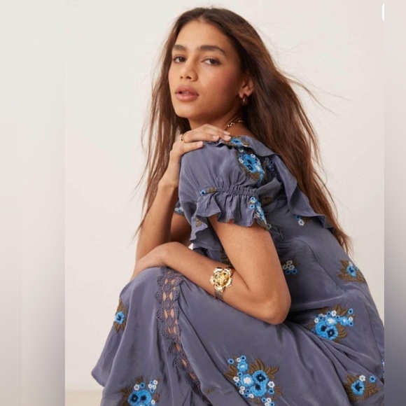 Free People Dresses & Skirts - Free People Indigo Floral Embroidered Maxi Dress